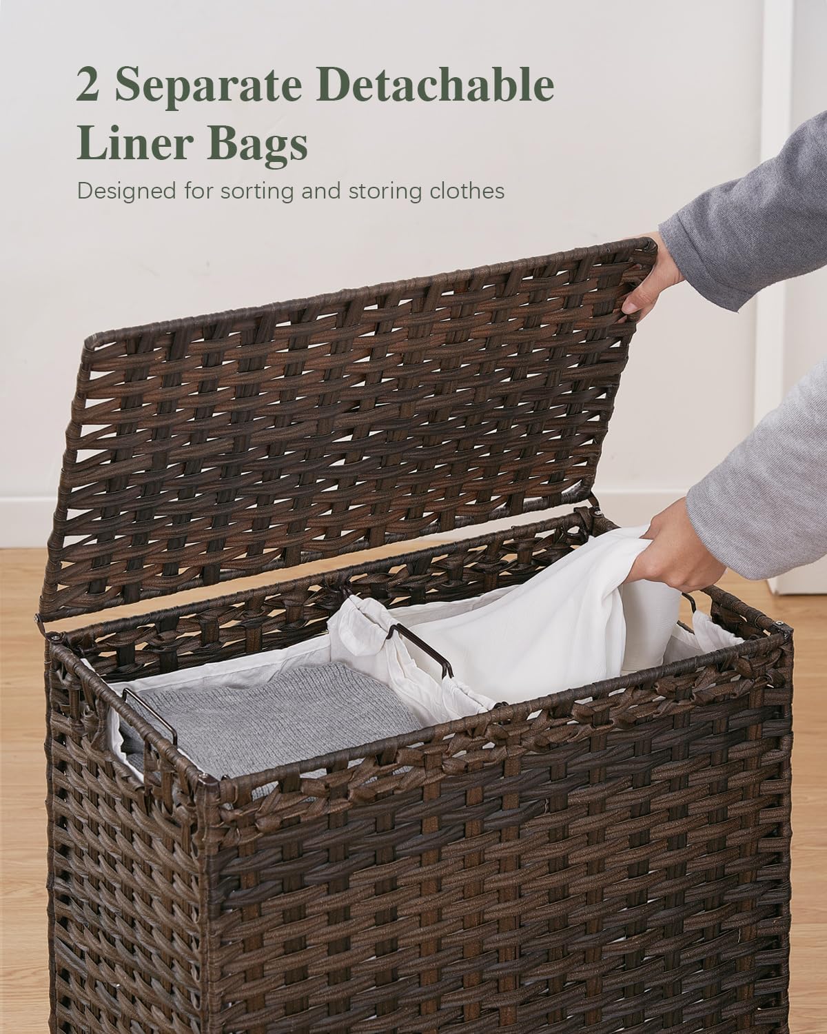 Laundry Hamper with Lid, 112 L Handwoven Rattan Wicker Laundry Basket, 2 Removable Liner Bags Metal Heightened Feet, 6 Mesh Bags, 2 Section Large Clothes Hamper for Bathroom Bedroom, Natural