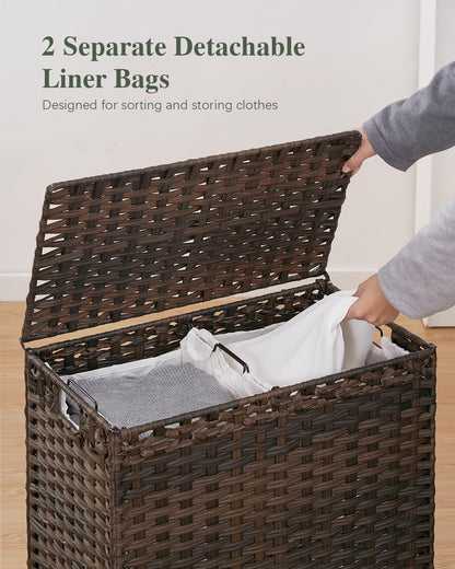Laundry Hamper with Lid, 112 L Handwoven Rattan Wicker Laundry Basket, 2 Removable Liner Bags Metal Heightened Feet, 6 Mesh Bags, 2 Section Large Clothes Hamper for Bathroom Bedroom, Natural