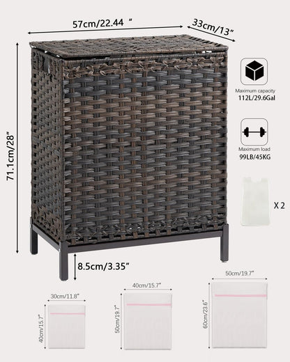 Laundry Hamper with Lid, 112 L Handwoven Rattan Wicker Laundry Basket, 2 Removable Liner Bags Metal Heightened Feet, 6 Mesh Bags, 2 Section Large Clothes Hamper for Bathroom Bedroom, Natural