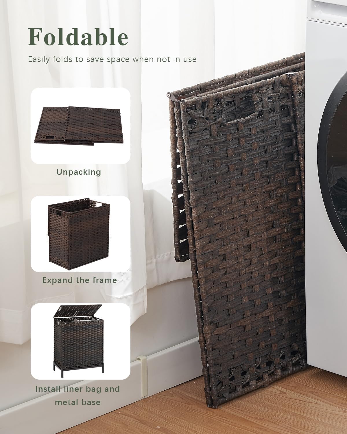 Laundry Hamper with Lid, 112 L Handwoven Rattan Wicker Laundry Basket, 2 Removable Liner Bags Metal Heightened Feet, 6 Mesh Bags, 2 Section Large Clothes Hamper for Bathroom Bedroom, Natural