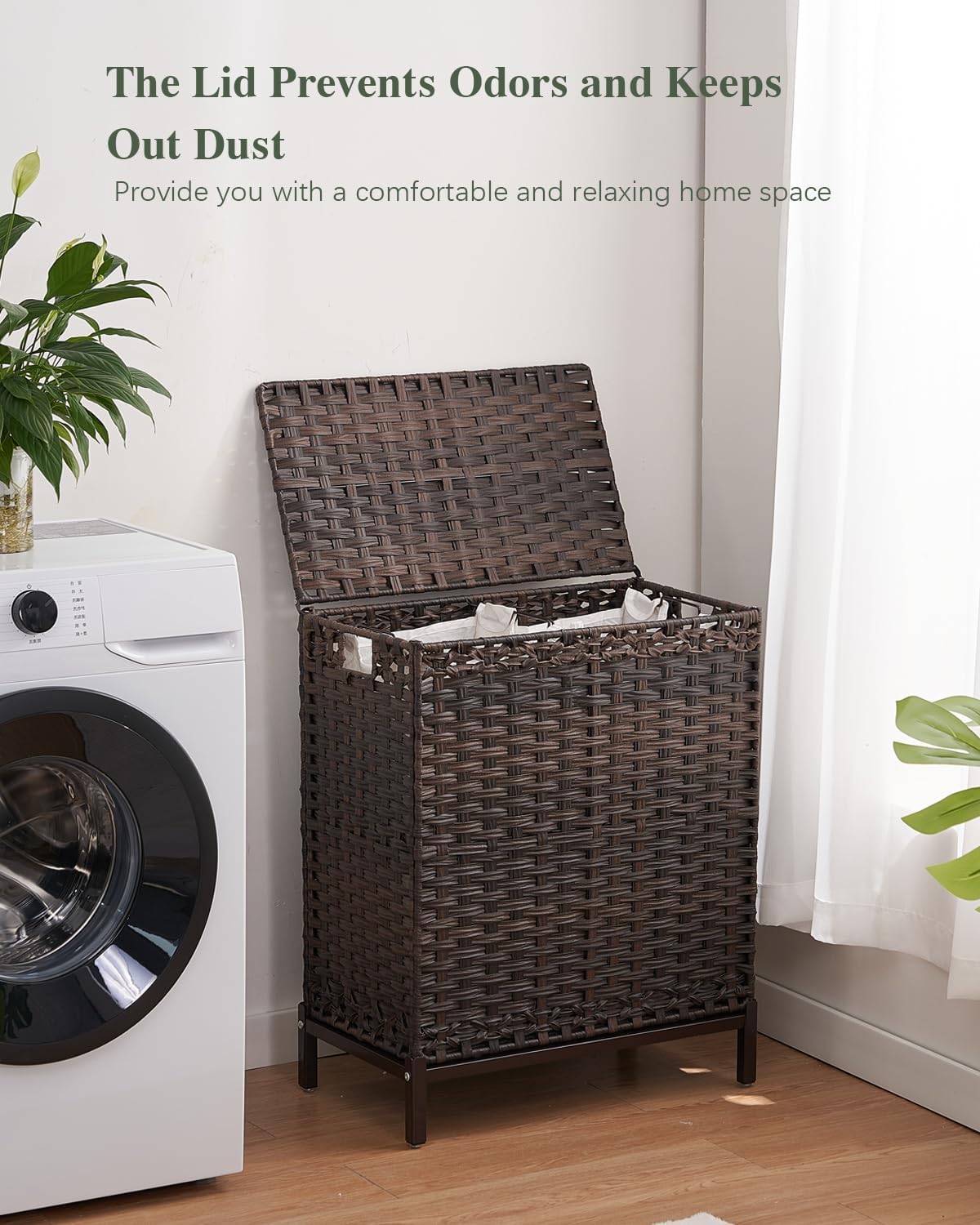 Laundry Hamper with Lid, 112 L Handwoven Rattan Wicker Laundry Basket, 2 Removable Liner Bags Metal Heightened Feet, 6 Mesh Bags, 2 Section Large Clothes Hamper for Bathroom Bedroom, Natural