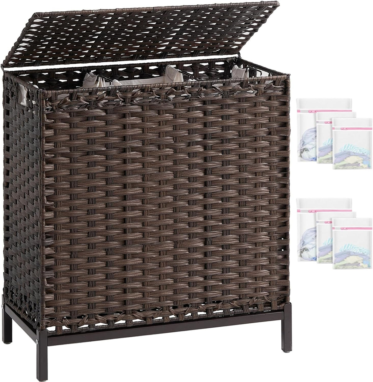 Laundry Hamper with Lid, 112 L Handwoven Rattan Wicker Laundry Basket, 2 Removable Liner Bags Metal Heightened Feet, 6 Mesh Bags, 2 Section Large Clothes Hamper for Bathroom Bedroom, Natural