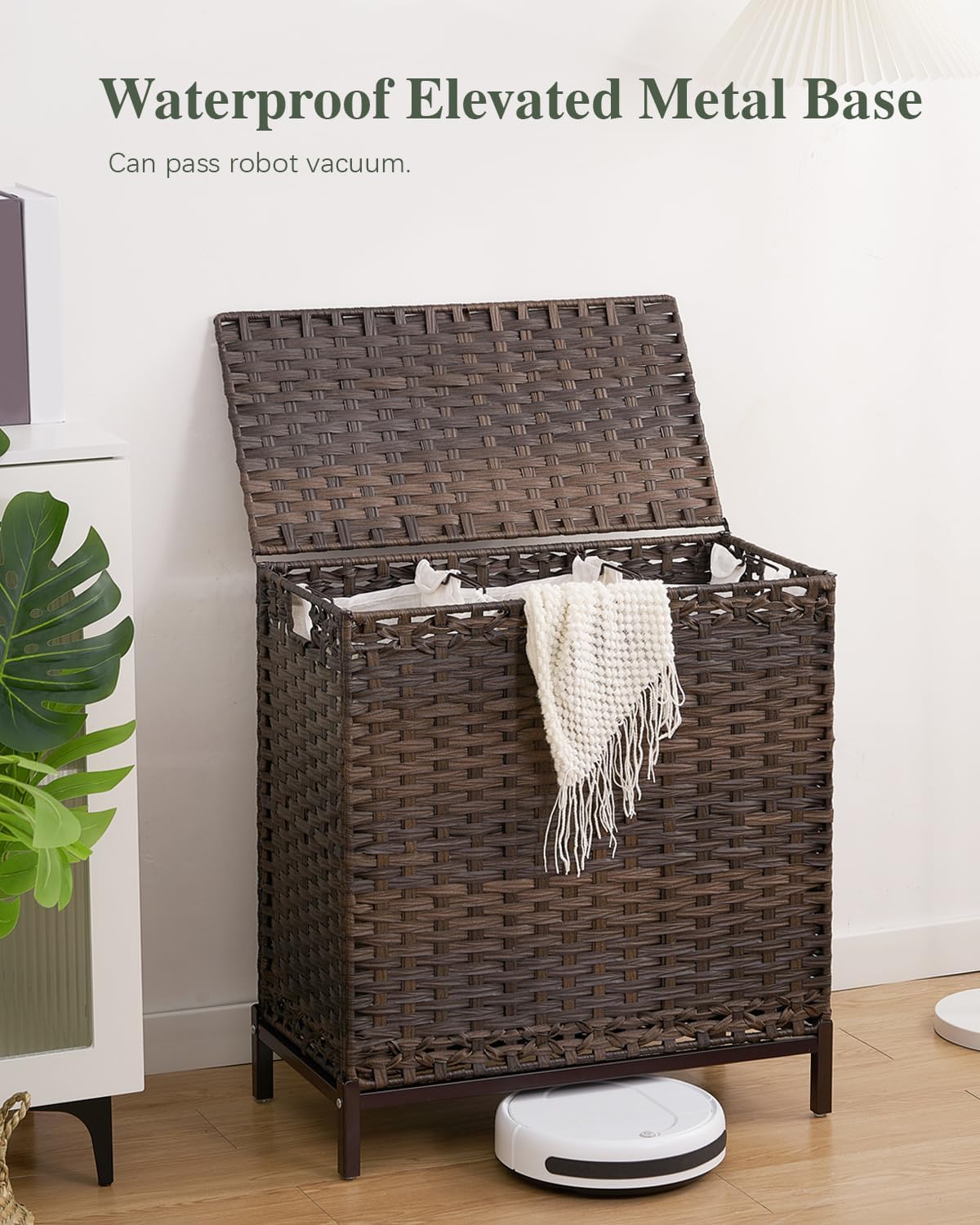 Laundry Hamper with Lid, 112 L Handwoven Rattan Wicker Laundry Basket, 2 Removable Liner Bags Metal Heightened Feet, 6 Mesh Bags, 2 Section Large Clothes Hamper for Bathroom Bedroom, Natural