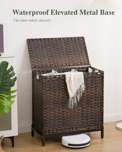 Laundry Hamper with Lid, 112 L Handwoven Rattan Wicker Laundry Basket, 2 Removable Liner Bags Metal Heightened Feet, 6 Mesh Bags, 2 Section Large Clothes Hamper for Bathroom Bedroom, Natural