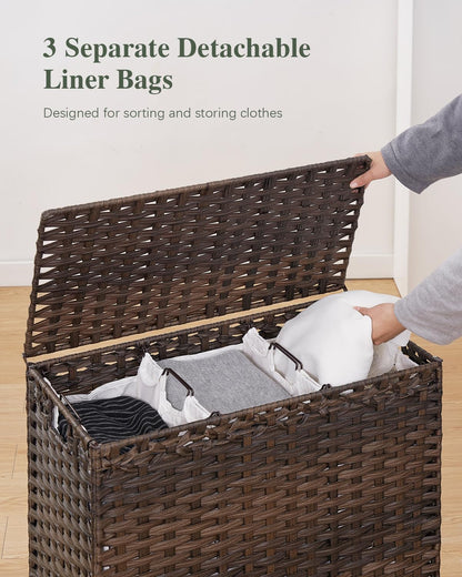Laundry Hamper with Lid, 112 L Handwoven Rattan Wicker Laundry Basket, 2 Removable Liner Bags Metal Heightened Feet, 6 Mesh Bags, 2 Section Large Clothes Hamper for Bathroom Bedroom, Natural