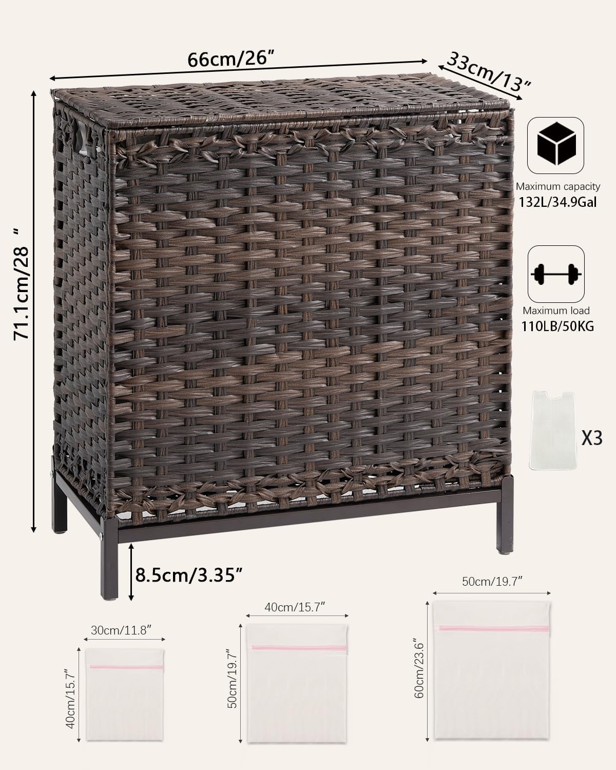 Laundry Hamper with Lid, 112 L Handwoven Rattan Wicker Laundry Basket, 2 Removable Liner Bags Metal Heightened Feet, 6 Mesh Bags, 2 Section Large Clothes Hamper for Bathroom Bedroom, Natural