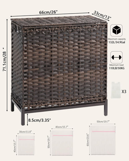 Laundry Hamper with Lid, 112 L Handwoven Rattan Wicker Laundry Basket, 2 Removable Liner Bags Metal Heightened Feet, 6 Mesh Bags, 2 Section Large Clothes Hamper for Bathroom Bedroom, Natural