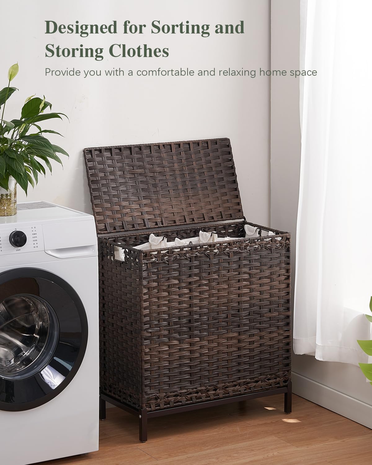 Laundry Hamper with Lid, 112 L Handwoven Rattan Wicker Laundry Basket, 2 Removable Liner Bags Metal Heightened Feet, 6 Mesh Bags, 2 Section Large Clothes Hamper for Bathroom Bedroom, Natural