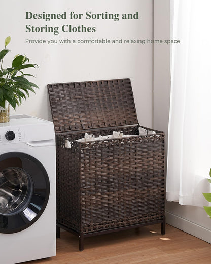 Laundry Hamper with Lid, 112 L Handwoven Rattan Wicker Laundry Basket, 2 Removable Liner Bags Metal Heightened Feet, 6 Mesh Bags, 2 Section Large Clothes Hamper for Bathroom Bedroom, Natural