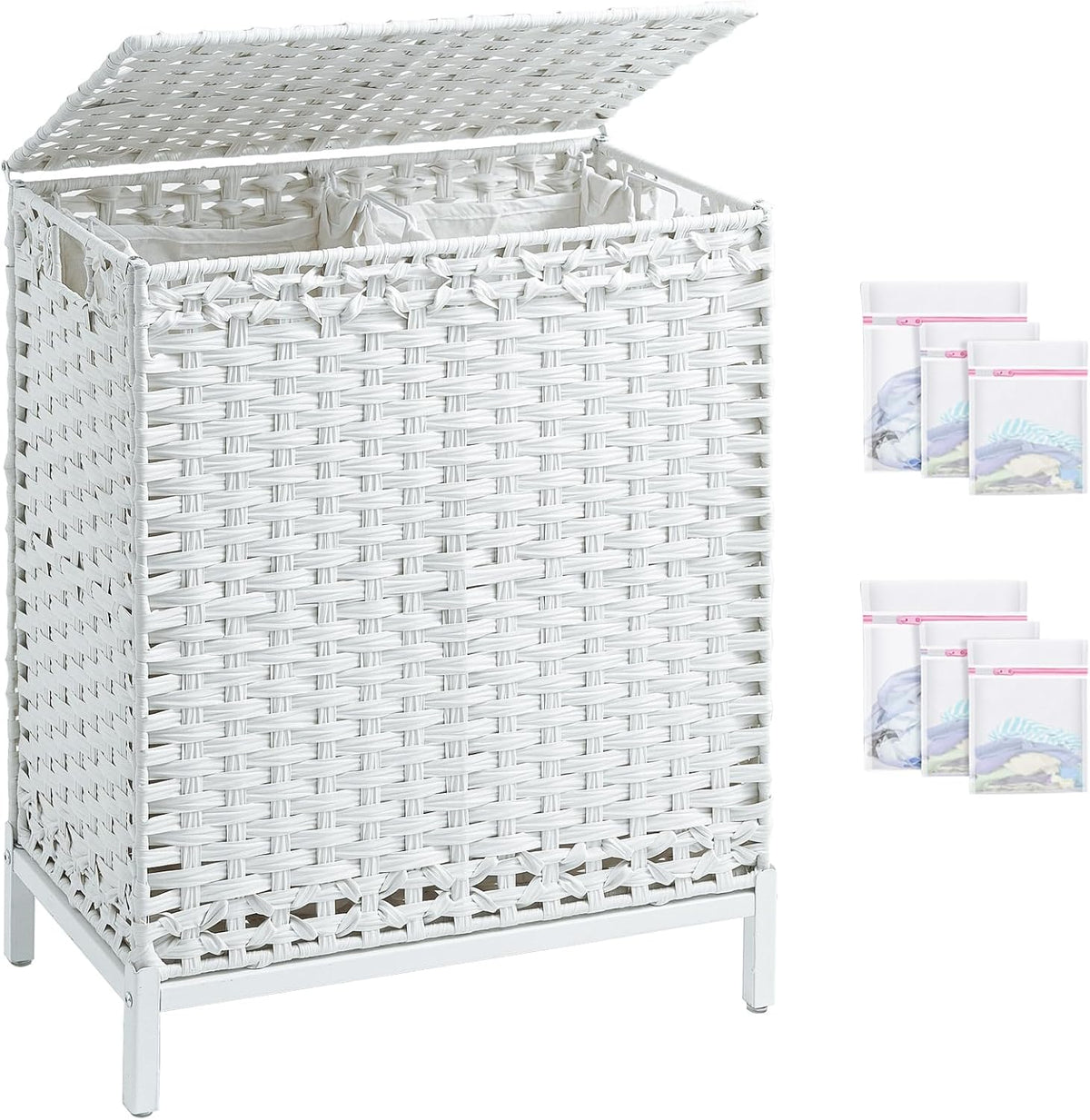 Laundry Hamper with Lid, 112 L Handwoven Rattan Wicker Laundry Basket, 2 Removable Liner Bags Metal Heightened Feet, 6 Mesh Bags, 2 Section Large Clothes Hamper for Bathroom Bedroom, Natural