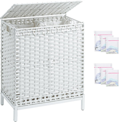 Laundry Hamper with Lid, 112 L Handwoven Rattan Wicker Laundry Basket, 2 Removable Liner Bags Metal Heightened Feet, 6 Mesh Bags, 2 Section Large Clothes Hamper for Bathroom Bedroom, Natural