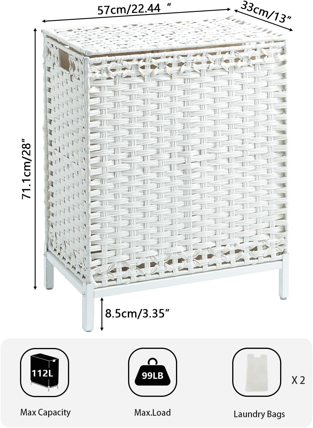 Laundry Hamper with Lid, 112 L Handwoven Rattan Wicker Laundry Basket, 2 Removable Liner Bags Metal Heightened Feet, 6 Mesh Bags, 2 Section Large Clothes Hamper for Bathroom Bedroom, Natural