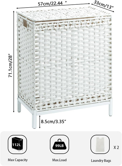 Laundry Hamper with Lid, 112 L Handwoven Rattan Wicker Laundry Basket, 2 Removable Liner Bags Metal Heightened Feet, 6 Mesh Bags, 2 Section Large Clothes Hamper for Bathroom Bedroom, Natural