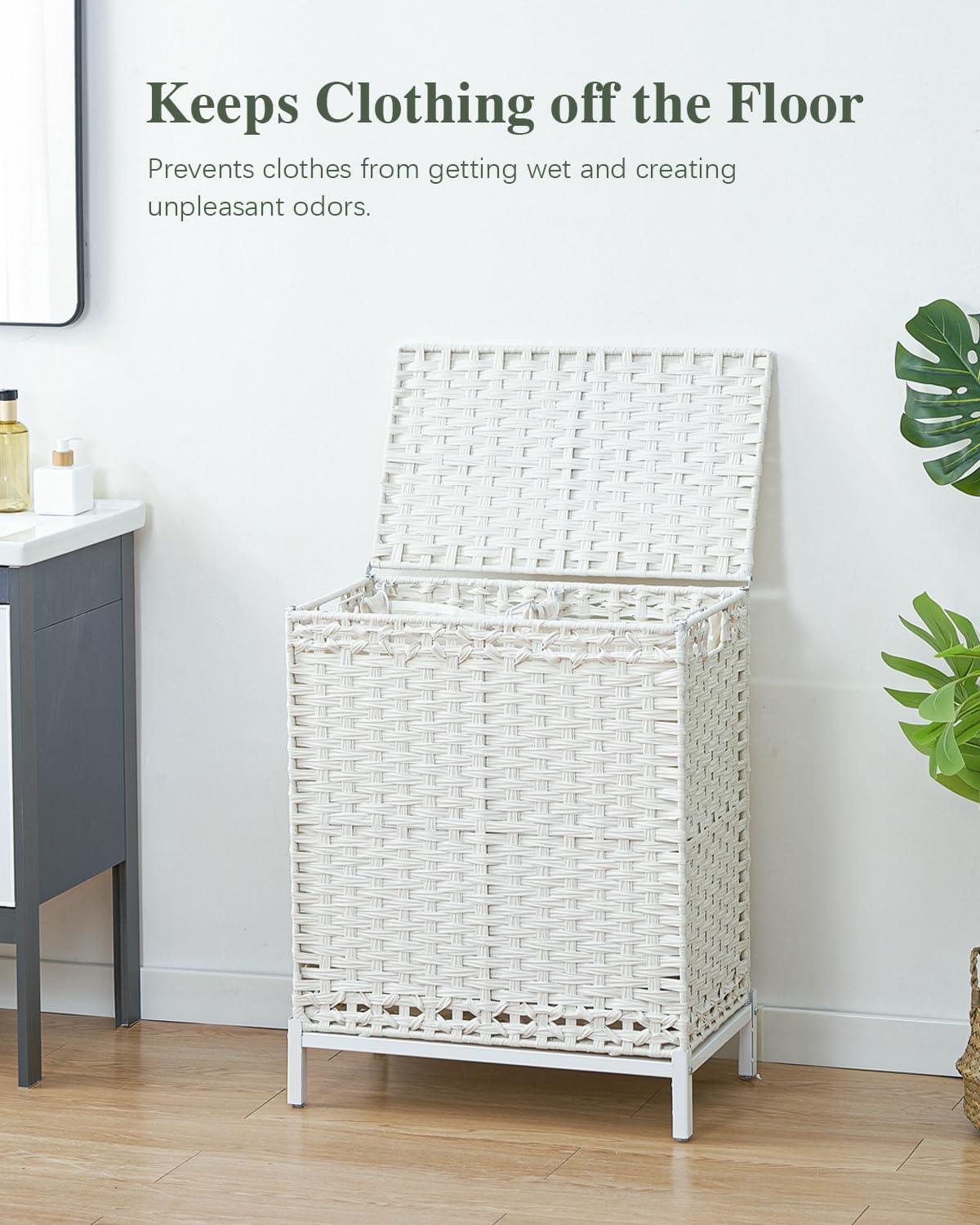 Laundry Hamper with Lid, 112 L Handwoven Rattan Wicker Laundry Basket, 2 Removable Liner Bags Metal Heightened Feet, 6 Mesh Bags, 2 Section Large Clothes Hamper for Bathroom Bedroom, Natural