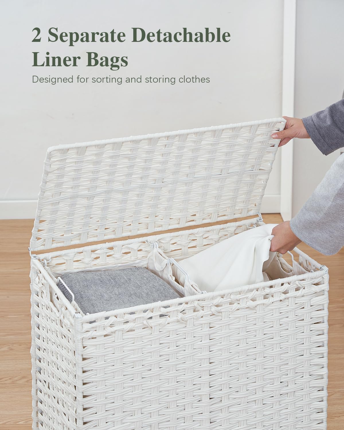 Laundry Hamper with Lid, 112 L Handwoven Rattan Wicker Laundry Basket, 2 Removable Liner Bags Metal Heightened Feet, 6 Mesh Bags, 2 Section Large Clothes Hamper for Bathroom Bedroom, Natural