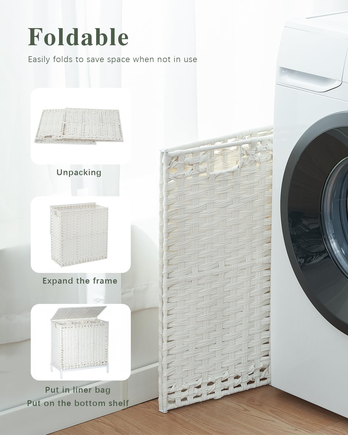 Laundry Hamper with Lid, 112 L Handwoven Rattan Wicker Laundry Basket, 2 Removable Liner Bags Metal Heightened Feet, 6 Mesh Bags, 2 Section Large Clothes Hamper for Bathroom Bedroom, Natural