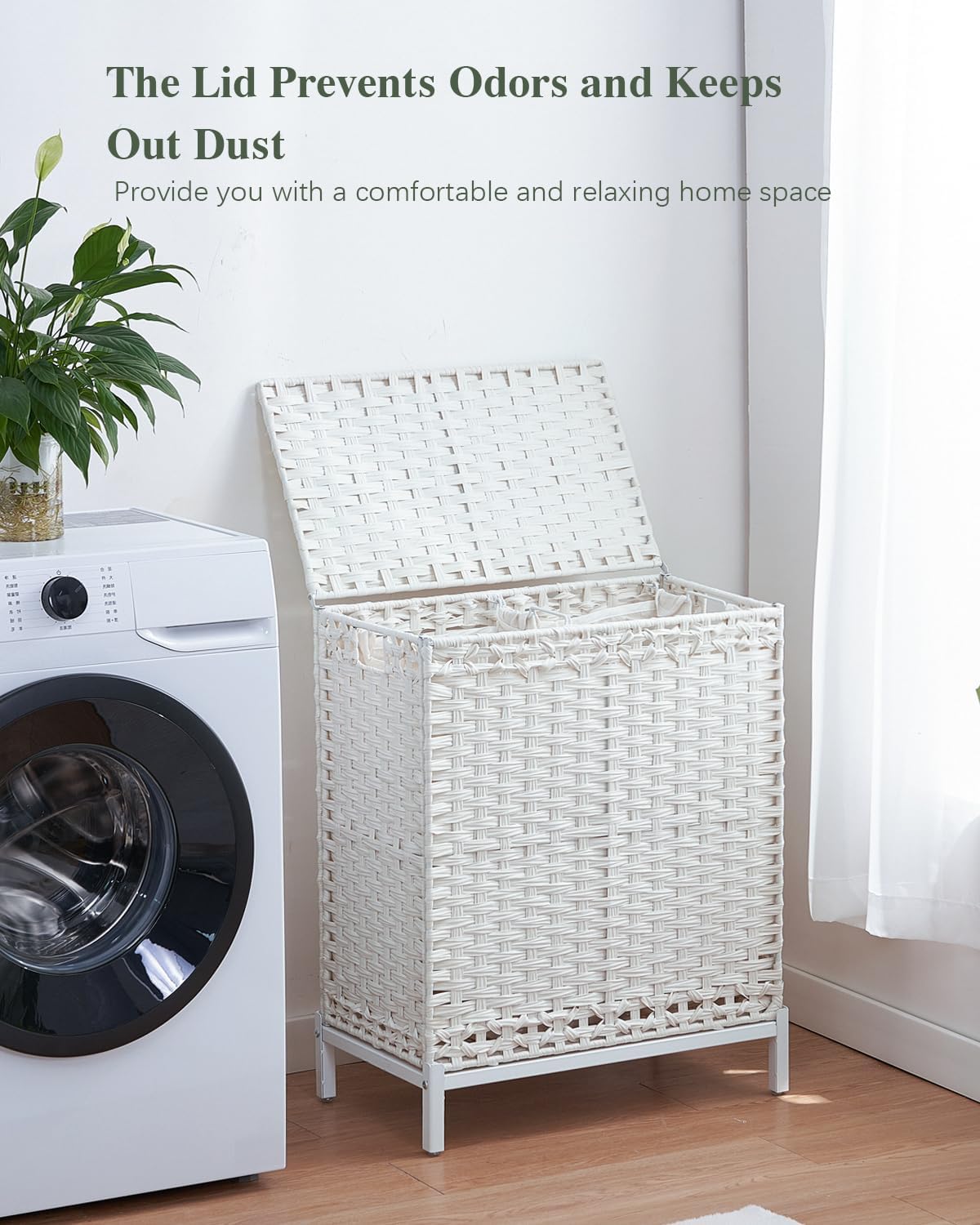 Laundry Hamper with Lid, 112 L Handwoven Rattan Wicker Laundry Basket, 2 Removable Liner Bags Metal Heightened Feet, 6 Mesh Bags, 2 Section Large Clothes Hamper for Bathroom Bedroom, Natural