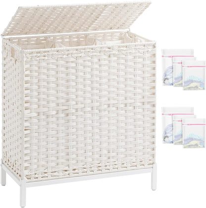 Laundry Hamper with Lid, 112 L Handwoven Rattan Wicker Laundry Basket, 2 Removable Liner Bags Metal Heightened Feet, 6 Mesh Bags, 2 Section Large Clothes Hamper for Bathroom Bedroom, Natural
