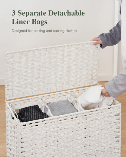 Laundry Hamper with Lid, 112 L Handwoven Rattan Wicker Laundry Basket, 2 Removable Liner Bags Metal Heightened Feet, 6 Mesh Bags, 2 Section Large Clothes Hamper for Bathroom Bedroom, Natural