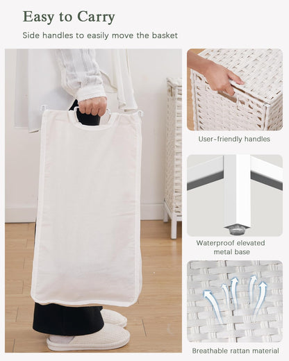 Laundry Hamper with Lid, 112 L Handwoven Rattan Wicker Laundry Basket, 2 Removable Liner Bags Metal Heightened Feet, 6 Mesh Bags, 2 Section Large Clothes Hamper for Bathroom Bedroom, Natural