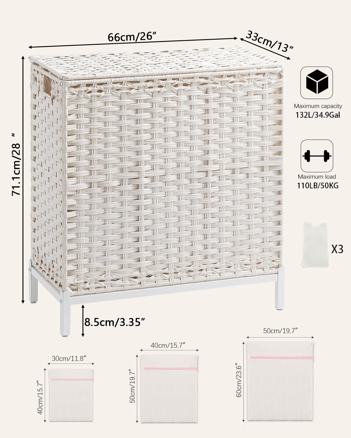 Laundry Hamper with Lid, 112 L Handwoven Rattan Wicker Laundry Basket, 2 Removable Liner Bags Metal Heightened Feet, 6 Mesh Bags, 2 Section Large Clothes Hamper for Bathroom Bedroom, Natural
