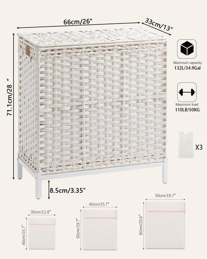 Laundry Hamper with Lid, 112 L Handwoven Rattan Wicker Laundry Basket, 2 Removable Liner Bags Metal Heightened Feet, 6 Mesh Bags, 2 Section Large Clothes Hamper for Bathroom Bedroom, Natural
