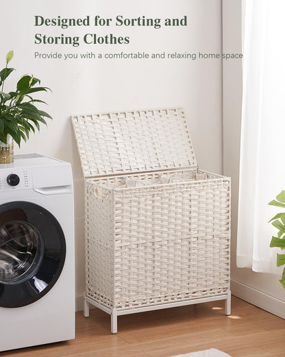 Laundry Hamper with Lid, 112 L Handwoven Rattan Wicker Laundry Basket, 2 Removable Liner Bags Metal Heightened Feet, 6 Mesh Bags, 2 Section Large Clothes Hamper for Bathroom Bedroom, Natural