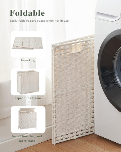 Laundry Hamper with Lid, 112 L Handwoven Rattan Wicker Laundry Basket, 2 Removable Liner Bags Metal Heightened Feet, 6 Mesh Bags, 2 Section Large Clothes Hamper for Bathroom Bedroom, Natural