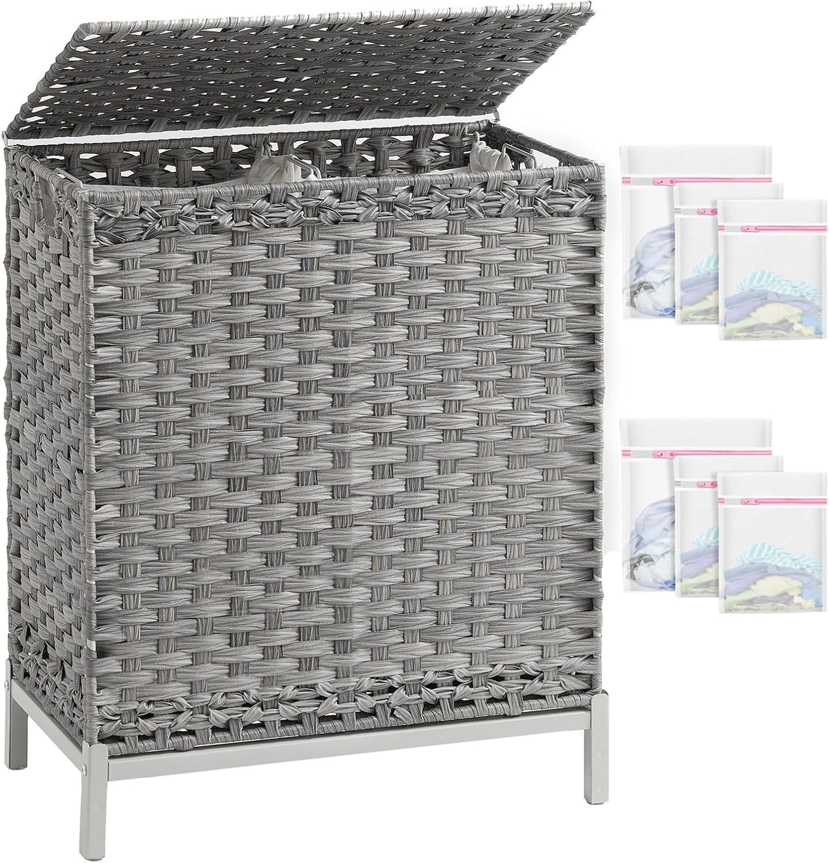 Laundry Hamper with Lid, 112 L Handwoven Rattan Wicker Laundry Basket, 2 Removable Liner Bags Metal Heightened Feet, 6 Mesh Bags, 2 Section Large Clothes Hamper for Bathroom Bedroom, Natural