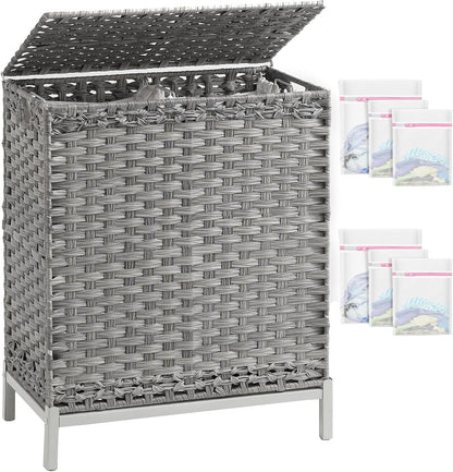 Laundry Hamper with Lid, 112 L Handwoven Rattan Wicker Laundry Basket, 2 Removable Liner Bags Metal Heightened Feet, 6 Mesh Bags, 2 Section Large Clothes Hamper for Bathroom Bedroom, Natural