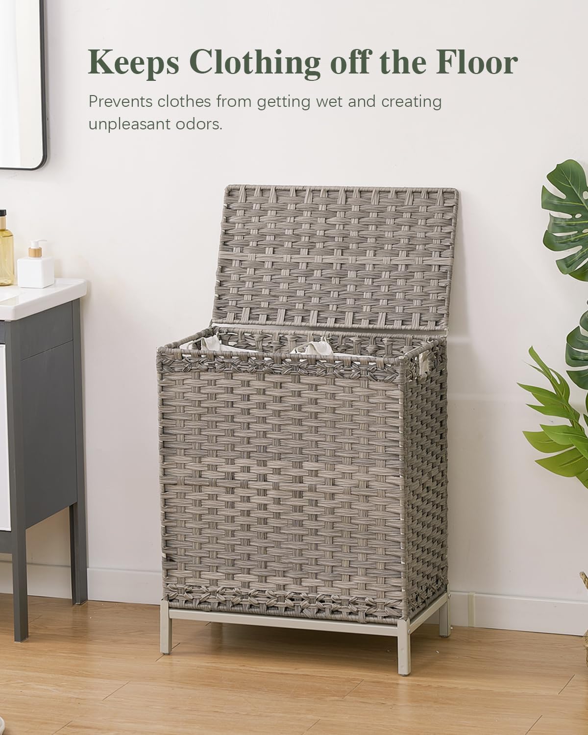 Laundry Hamper with Lid, 112 L Handwoven Rattan Wicker Laundry Basket, 2 Removable Liner Bags Metal Heightened Feet, 6 Mesh Bags, 2 Section Large Clothes Hamper for Bathroom Bedroom, Natural