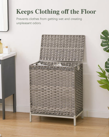 Laundry Hamper with Lid, 112 L Handwoven Rattan Wicker Laundry Basket, 2 Removable Liner Bags Metal Heightened Feet, 6 Mesh Bags, 2 Section Large Clothes Hamper for Bathroom Bedroom, Natural