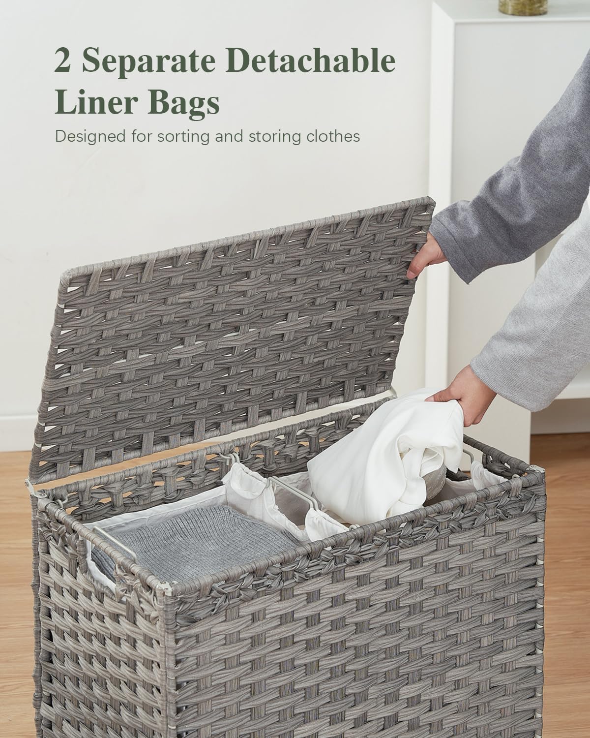 Laundry Hamper with Lid, 112 L Handwoven Rattan Wicker Laundry Basket, 2 Removable Liner Bags Metal Heightened Feet, 6 Mesh Bags, 2 Section Large Clothes Hamper for Bathroom Bedroom, Natural
