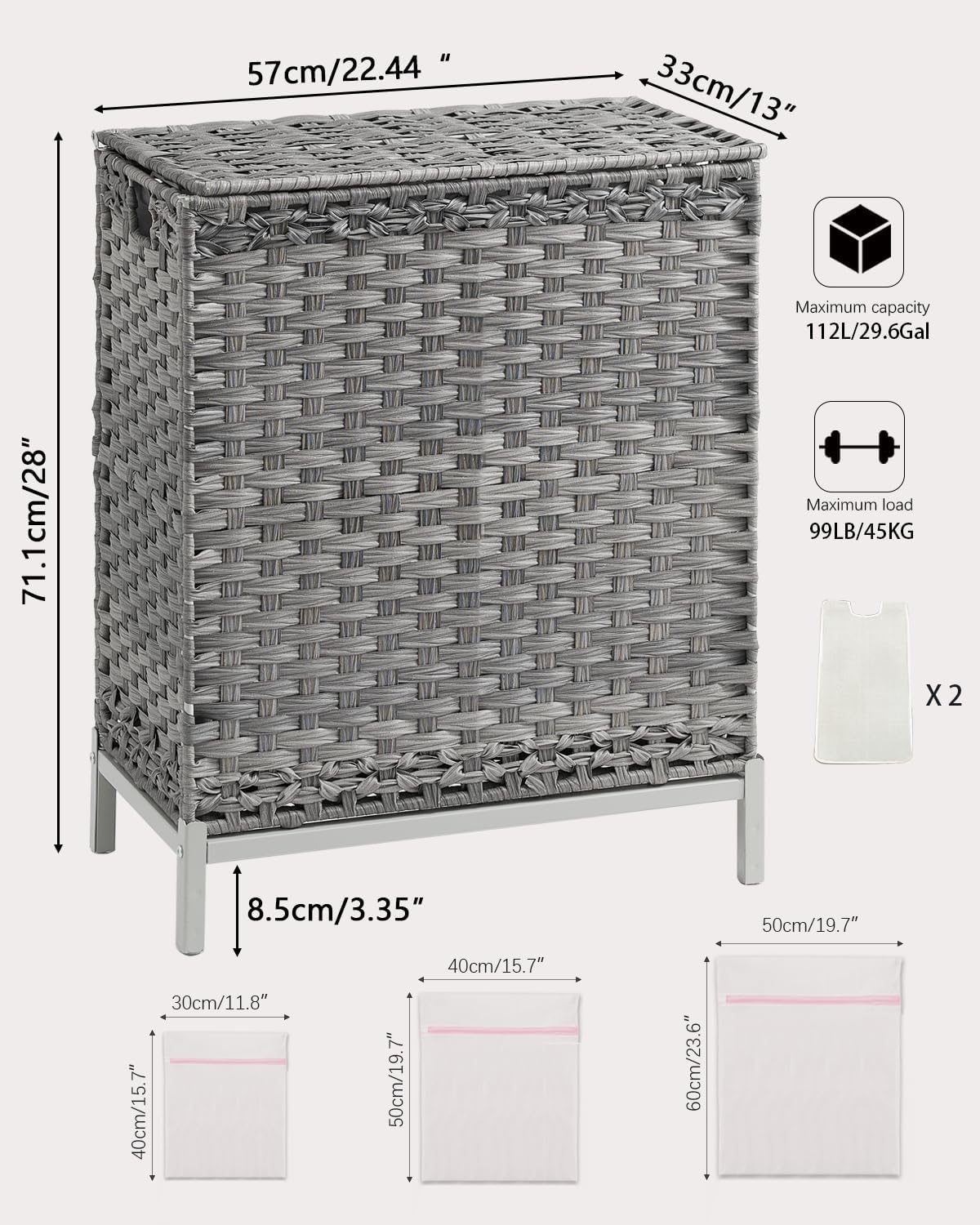 Laundry Hamper with Lid, 112 L Handwoven Rattan Wicker Laundry Basket, 2 Removable Liner Bags Metal Heightened Feet, 6 Mesh Bags, 2 Section Large Clothes Hamper for Bathroom Bedroom, Natural