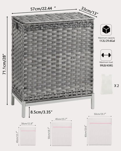 Laundry Hamper with Lid, 112 L Handwoven Rattan Wicker Laundry Basket, 2 Removable Liner Bags Metal Heightened Feet, 6 Mesh Bags, 2 Section Large Clothes Hamper for Bathroom Bedroom, Natural