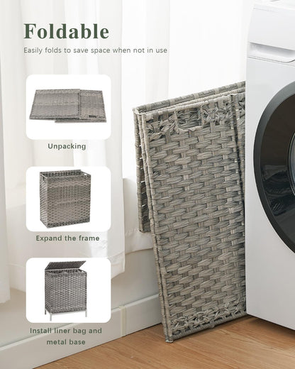Laundry Hamper with Lid, 112 L Handwoven Rattan Wicker Laundry Basket, 2 Removable Liner Bags Metal Heightened Feet, 6 Mesh Bags, 2 Section Large Clothes Hamper for Bathroom Bedroom, Natural