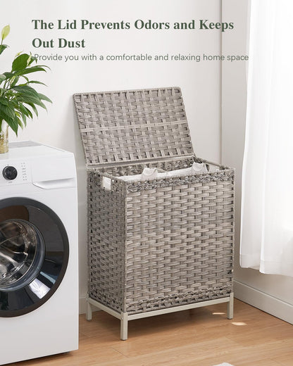 Laundry Hamper with Lid, 112 L Handwoven Rattan Wicker Laundry Basket, 2 Removable Liner Bags Metal Heightened Feet, 6 Mesh Bags, 2 Section Large Clothes Hamper for Bathroom Bedroom, Natural