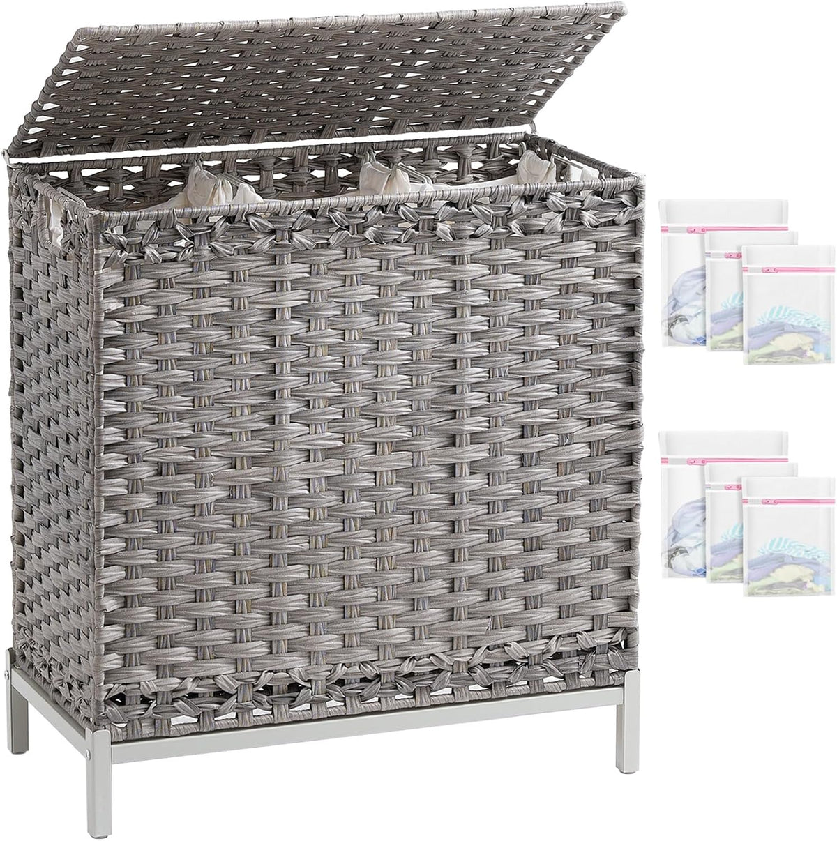 Laundry Hamper with Lid, 112 L Handwoven Rattan Wicker Laundry Basket, 2 Removable Liner Bags Metal Heightened Feet, 6 Mesh Bags, 2 Section Large Clothes Hamper for Bathroom Bedroom, Natural
