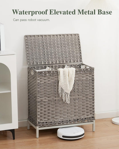 Laundry Hamper with Lid, 112 L Handwoven Rattan Wicker Laundry Basket, 2 Removable Liner Bags Metal Heightened Feet, 6 Mesh Bags, 2 Section Large Clothes Hamper for Bathroom Bedroom, Natural