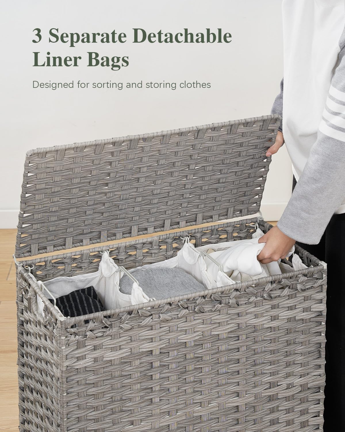 Laundry Hamper with Lid, 112 L Handwoven Rattan Wicker Laundry Basket, 2 Removable Liner Bags Metal Heightened Feet, 6 Mesh Bags, 2 Section Large Clothes Hamper for Bathroom Bedroom, Natural