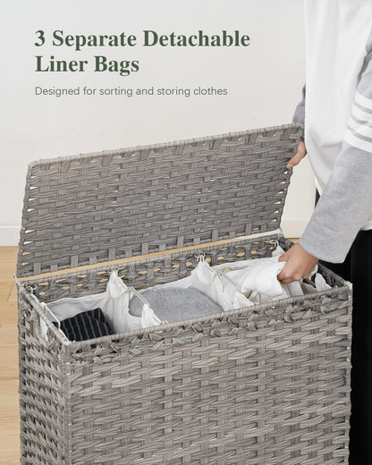 Laundry Hamper with Lid, 112 L Handwoven Rattan Wicker Laundry Basket, 2 Removable Liner Bags Metal Heightened Feet, 6 Mesh Bags, 2 Section Large Clothes Hamper for Bathroom Bedroom, Natural