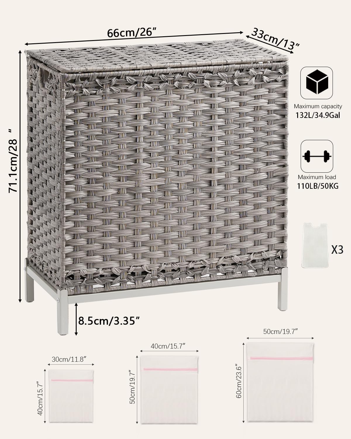 Laundry Hamper with Lid, 112 L Handwoven Rattan Wicker Laundry Basket, 2 Removable Liner Bags Metal Heightened Feet, 6 Mesh Bags, 2 Section Large Clothes Hamper for Bathroom Bedroom, Natural
