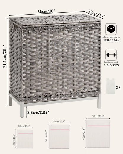 Laundry Hamper with Lid, 112 L Handwoven Rattan Wicker Laundry Basket, 2 Removable Liner Bags Metal Heightened Feet, 6 Mesh Bags, 2 Section Large Clothes Hamper for Bathroom Bedroom, Natural
