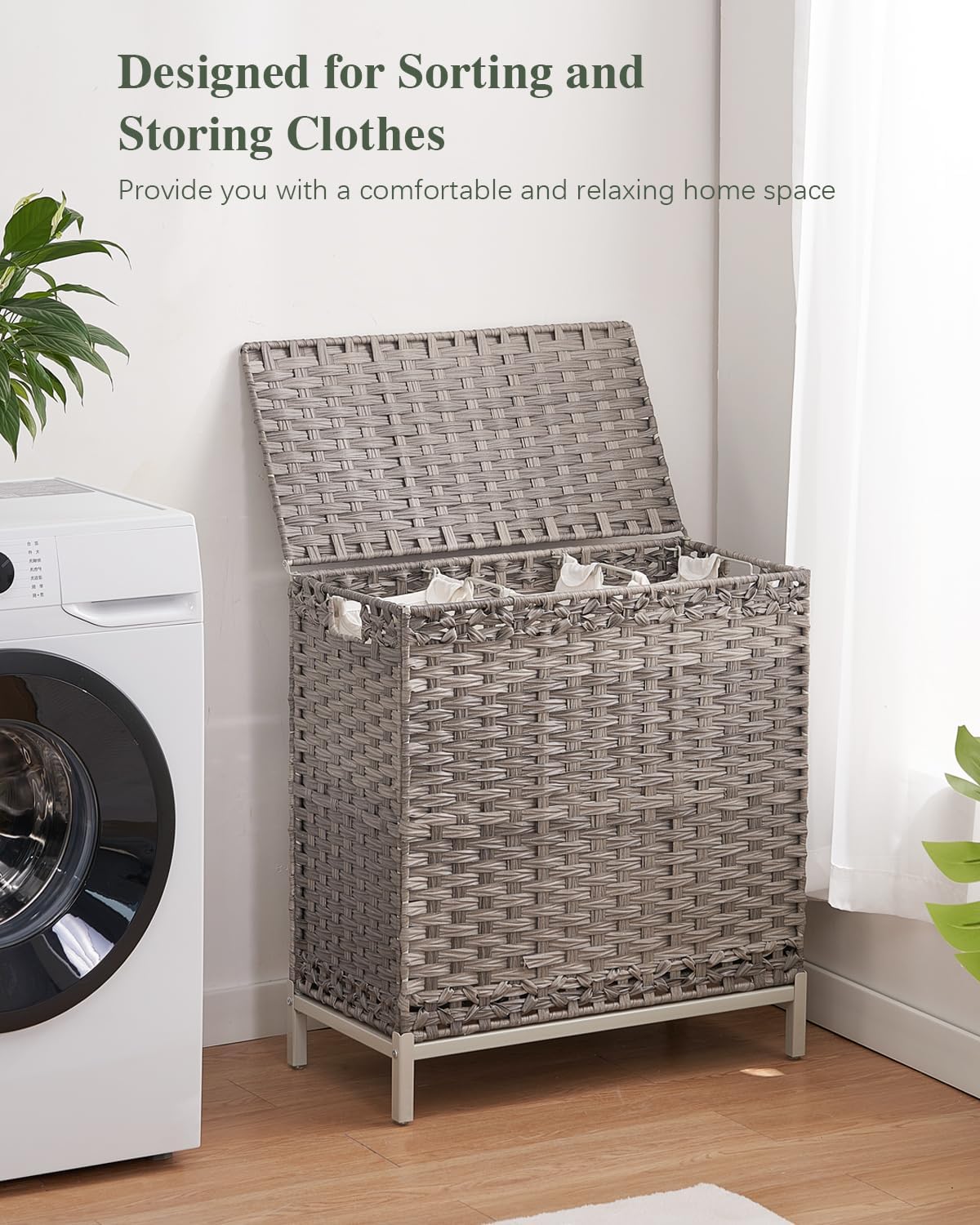 Laundry Hamper with Lid, 112 L Handwoven Rattan Wicker Laundry Basket, 2 Removable Liner Bags Metal Heightened Feet, 6 Mesh Bags, 2 Section Large Clothes Hamper for Bathroom Bedroom, Natural