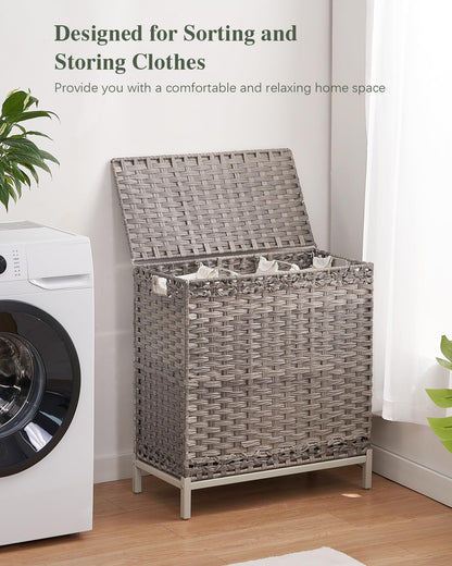 Laundry Hamper with Lid, 112 L Handwoven Rattan Wicker Laundry Basket, 2 Removable Liner Bags Metal Heightened Feet, 6 Mesh Bags, 2 Section Large Clothes Hamper for Bathroom Bedroom, Natural
