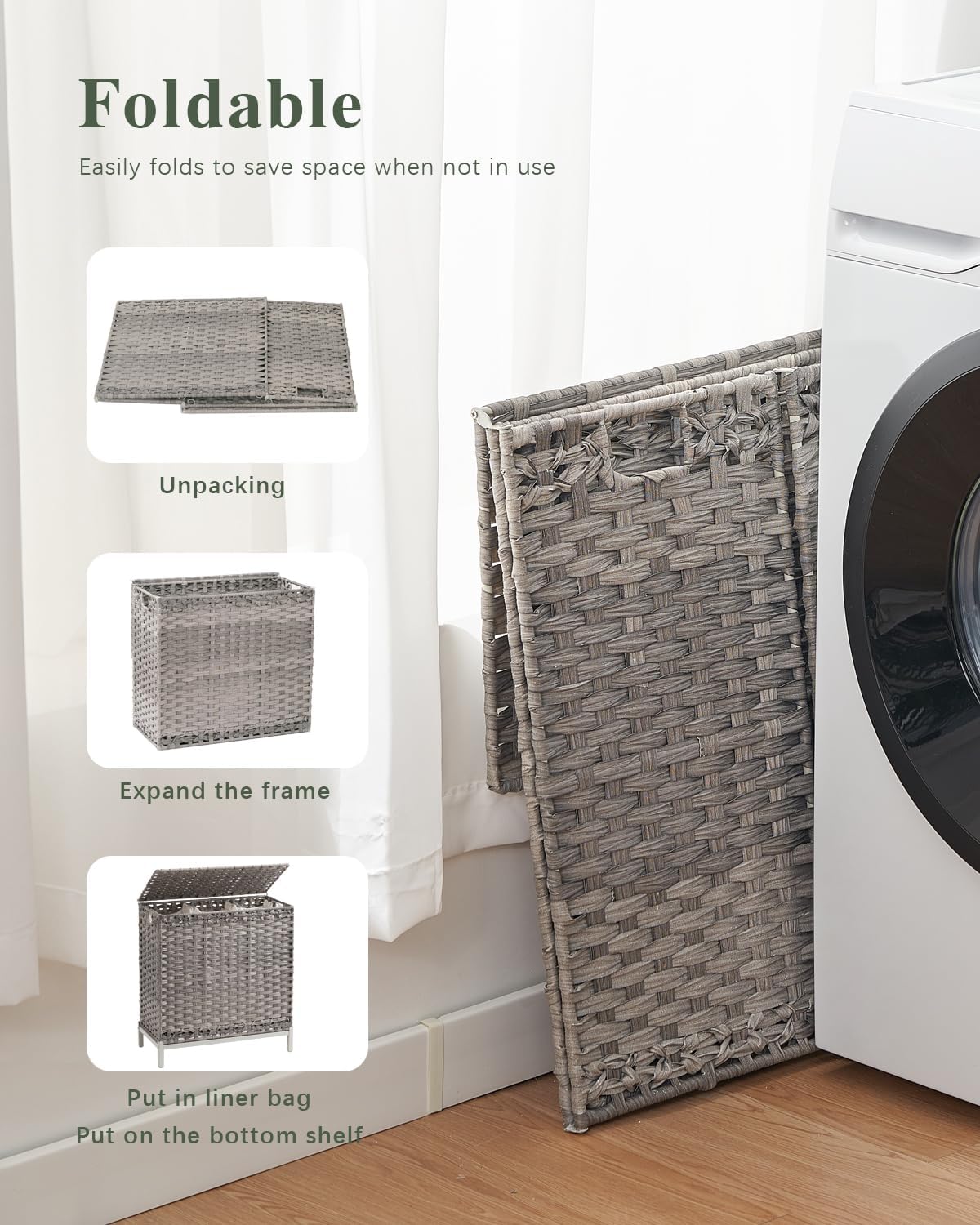 Laundry Hamper with Lid, 112 L Handwoven Rattan Wicker Laundry Basket, 2 Removable Liner Bags Metal Heightened Feet, 6 Mesh Bags, 2 Section Large Clothes Hamper for Bathroom Bedroom, Natural