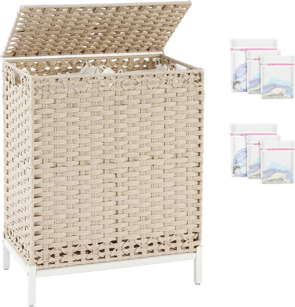 Laundry Hamper with Lid, 112 L Handwoven Rattan Wicker Laundry Basket, 2 Removable Liner Bags Metal Heightened Feet, 6 Mesh Bags, 2 Section Large Clothes Hamper for Bathroom Bedroom, Natural