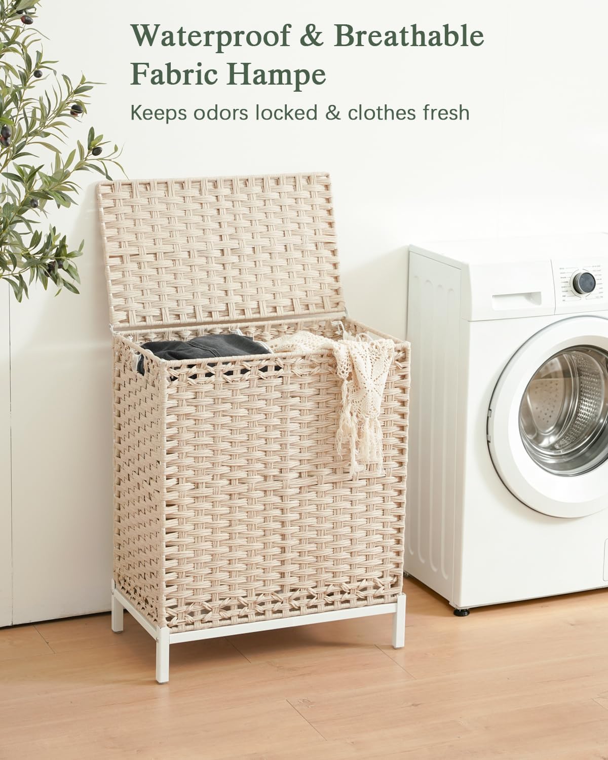 Laundry Hamper with Lid, 112 L Handwoven Rattan Wicker Laundry Basket, 2 Removable Liner Bags Metal Heightened Feet, 6 Mesh Bags, 2 Section Large Clothes Hamper for Bathroom Bedroom, Natural