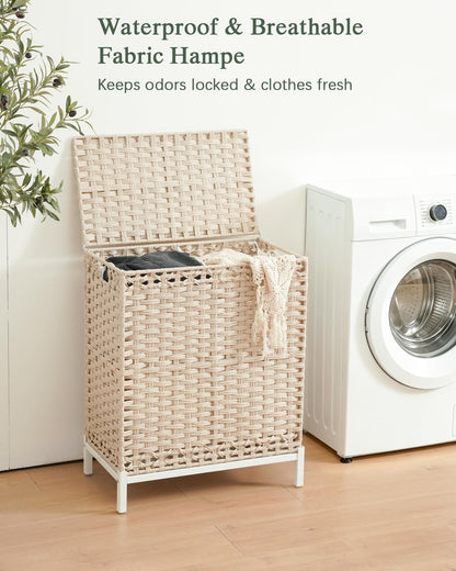 Laundry Hamper with Lid, 112 L Handwoven Rattan Wicker Laundry Basket, 2 Removable Liner Bags Metal Heightened Feet, 6 Mesh Bags, 2 Section Large Clothes Hamper for Bathroom Bedroom, Natural