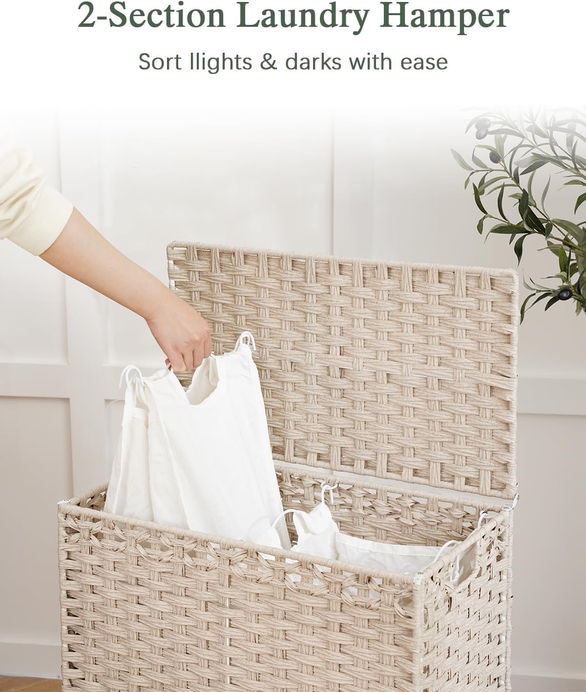 Laundry Hamper with Lid, 112 L Handwoven Rattan Wicker Laundry Basket, 2 Removable Liner Bags Metal Heightened Feet, 6 Mesh Bags, 2 Section Large Clothes Hamper for Bathroom Bedroom, Natural